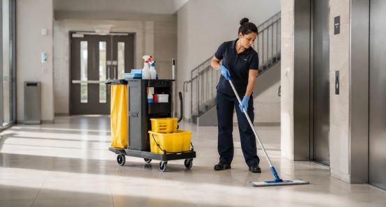 Professional cleaner mopping commercial building floor